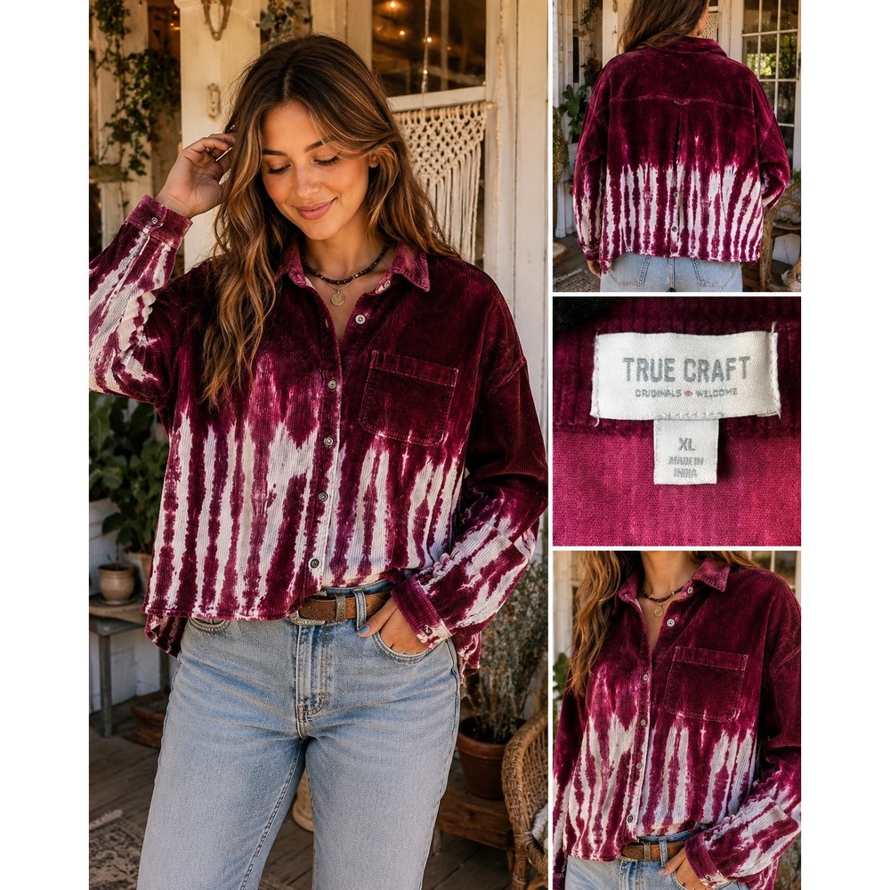 True Craft Womens XL Burgundy Corduroy Tie Dye Button‎ Shirt Boho Western Artsy